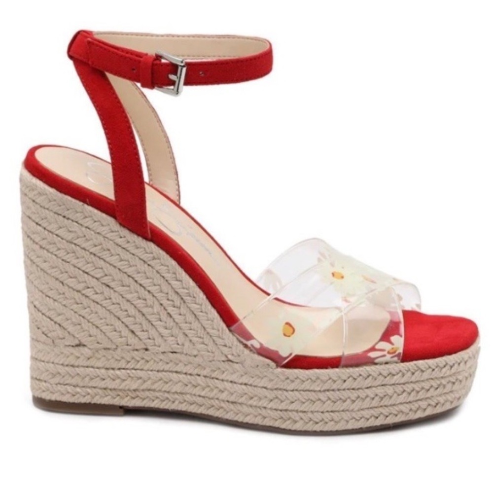 Jessica Simpson Semie Floral Jelly Strap Espadrille Wedge Sandal Womens 7.5 Red - Picture 2 of 13